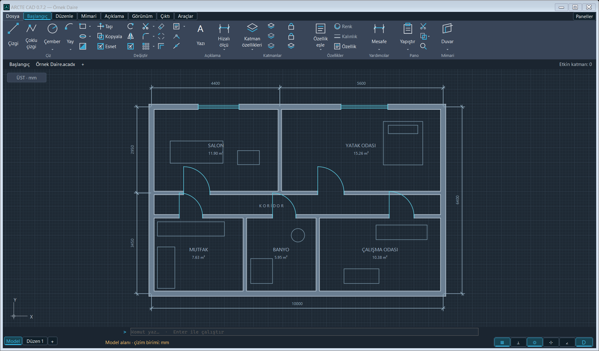 ARCTE CAD içinde ölçülendirilmiş örnek daire planı